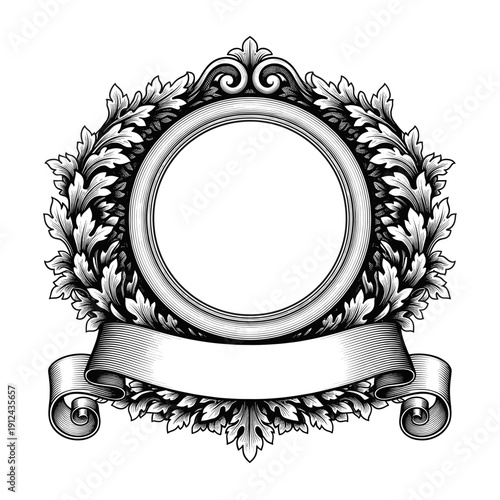 Ornate Laurel Wreath Frame with Ribbon Banner Black and White Heraldic Design