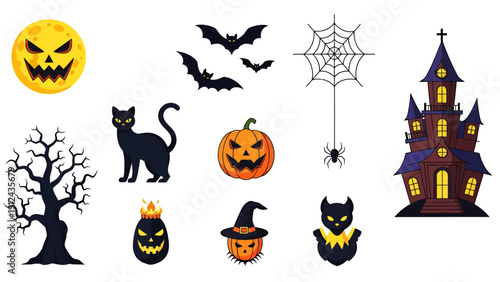 Halloween night scene with pumpkins, bats, a black cat, spider webs, and a haunted house at dusk.