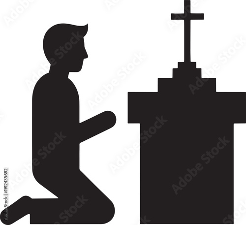 Black silhouette of person kneeling in front of a cross on a building praying