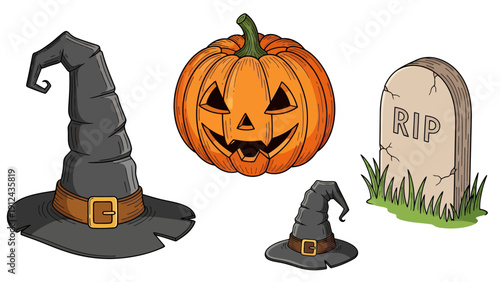 Halloween Props Featuring Pumpkin, Witch Hat, and Gravestone Setting for Decoration and Spooky Scene.