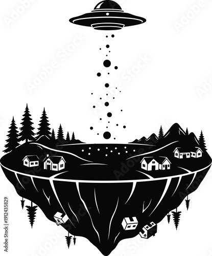 Surreal black and white floating island with houses, trees, and mountains, UFO hovering above, imaginative science fiction fantasy landscape illustration