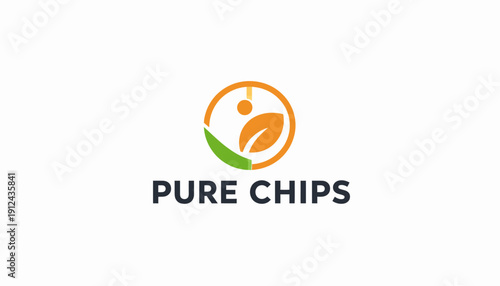 Modern pure chips brand emblem, radiating natural goodness through a fresh leaf and luminous sun design