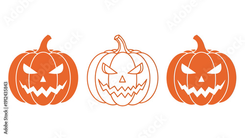 Three Halloween Jack-o'-Lanterns in a Row Clipart Illustration for Seasonal Decor.