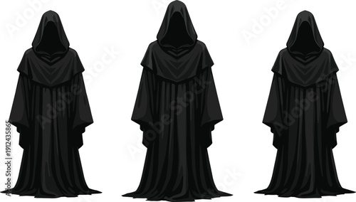 Three mysterious hooded figures in black cloaks, dark fantasy grim reaper characters, spooky medieval robes silhouette, occult cult concept illustration on gray background