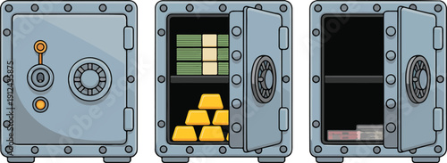Security Safe Vector Illustration Set Closed, Open, and Empty Cash & Gold Storage