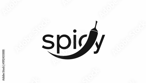Striking typographic emblem for the word 'spicy', featuring bold sans-serif lettering and a dynamically flowing chili pepper illustration