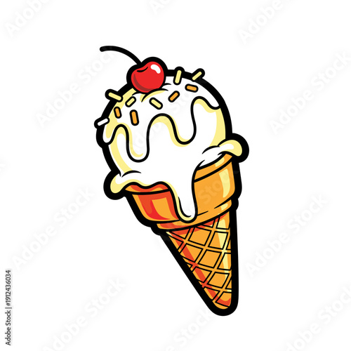 Stylized Vanilla Ice Cream Cone with Sprinkles and Cherry Topping
