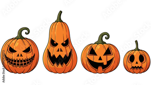 Row of Jack-o'-Lanterns with Halloween Themed Carved Faces for Autumn Decor.