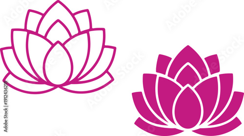 Set of two lotus flower icons featuring a simple outline and a solid black silhouette design. isolated on white background, illustration