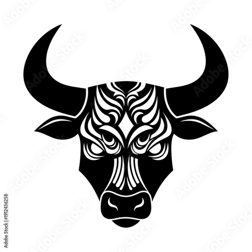 Black Bull Head Silhouette with Intricate Tribal Ornaments on White Background