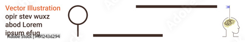 Learning, analysis, problem-solving, education, mental health, innovation. Magnifying glass with lines connecting to a head and text details. Learning and analysis concept