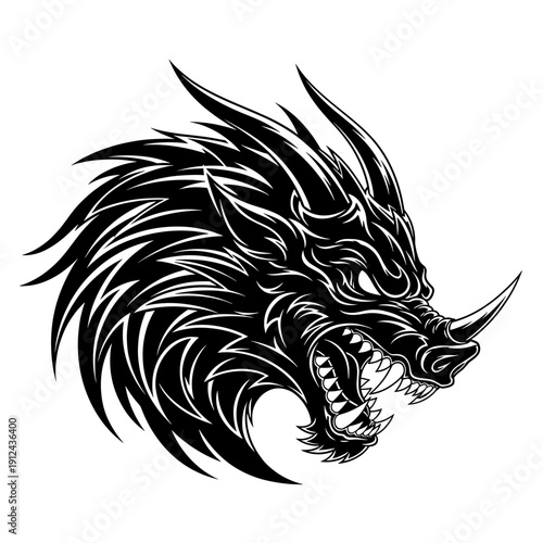 Fierce Black Boar Head Tribal Tattoo Design White Background