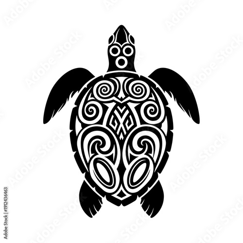 Tribal Polynesian Sea Turtle Silhouette with Swirl Patterns on White Background