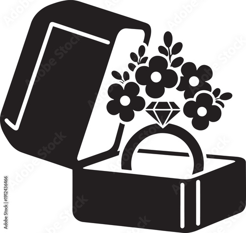 Open Jewelry Box with Diamond Ring and Floral in Black and White Style floral black and white open box