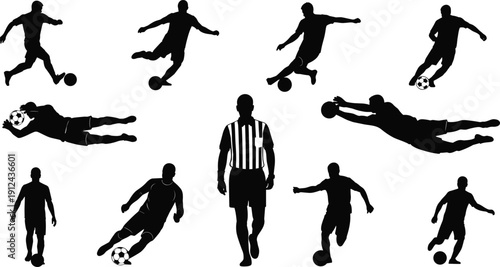 Soccer silhouettes, dynamic player poses, referee in center, black and white sports illustration, football action, athletic movement, game roles, competitive energy