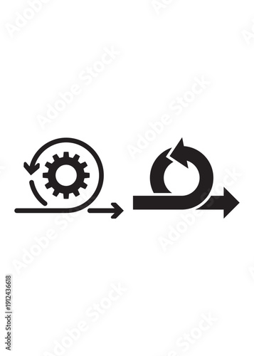 Black and white symbols representing agile methodology, software development life cycle, scrum process, and circular iterative progress.