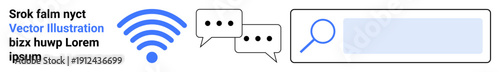 Digital communication, online search, wireless technology, messaging platform, internet usage, information sharing. wireless icon, speech bubbles magnifying glass in search bar. Digital