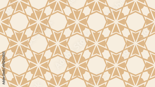 A calm and elegant abstract geometric seamless pattern featuring interlocking shapes and star motifs in a minimalist beige and cream color palette