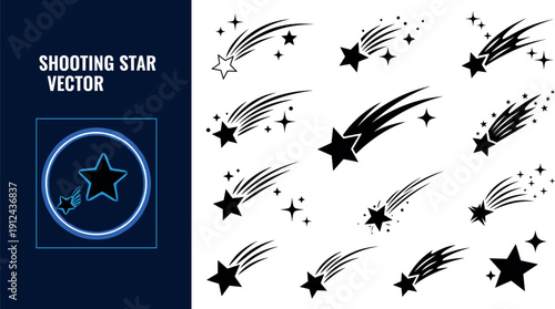 Set of dynamic shooting star vector silhouettes with motion streaks, sparkles, cosmic trails, meteors, space elements, and celestial graphic design symbols