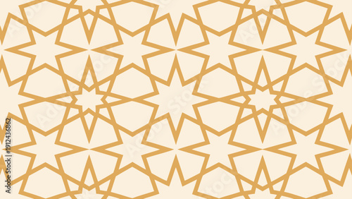 A calm and elegant seamless geometric pattern featuring traditional Islamic star designs in a soothing gold and cream color palette