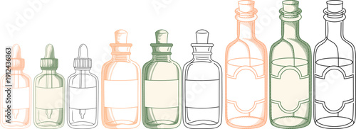 Vintage Etching Illustration of Glass Bottles Set elements with Blank Labels,small dropper bottles to tall beverage bottles.for organic product packaging, apothecary branding, herbal medicine,etc.