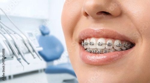 Close up of smiling woman wearing metal dental braces in modern orthodontic clinic, highlighting teeth alignment treatment, oral healthcare procedure, and confident smile transformation concept.
