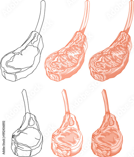 set of tomahawk steak illustrations in traditional engraving style.raw beef and pork chops with long ribs.perfect for rustic culinary branding and meat shop packaging.
