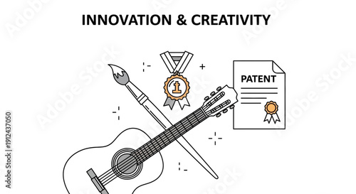 Innovation and Creativity: Guitar, Paintbrush, Medal, Patent Award