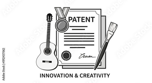 Innovation and Creativity: Patent, Guitar, Medal and Paintbrush Concept