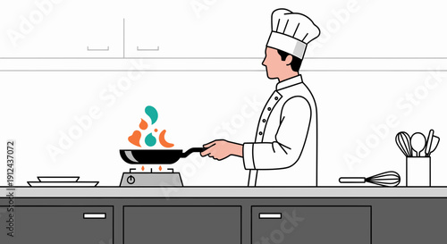 Chef cooking food in a pan on a stovetop in a modern kitchen