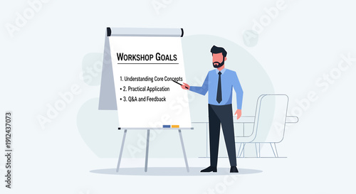 Businessman presenting workshop goals on a flip chart, planning and analysis concept