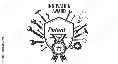 Innovation Award Patent Badge with Tools and Lightbulb - Vector Illustration
