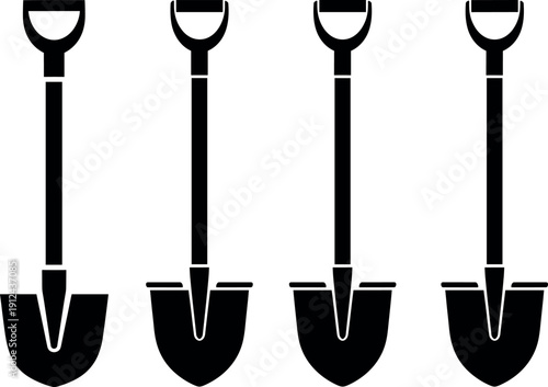 Set of garden shovels in solid silhouette style for digging, landscaping, construction, farming, and outdoor tools design