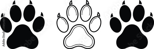 Set of dog paw print silhouette and outline icons showing animal footprint symbols isolated on white background for pet care branding design