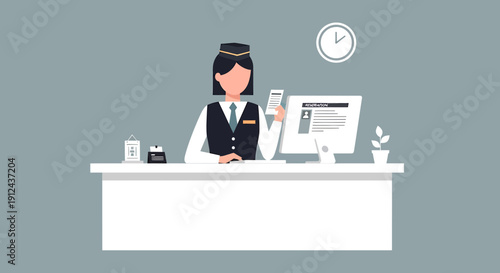 Receptionist at Desk with Computer, Documents, and Clock - Business Office Scene