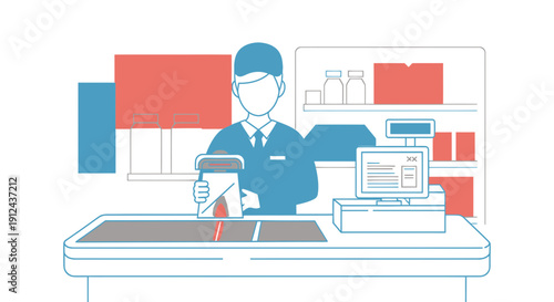 Retail worker serving customer at checkout counter with scanner and cash register