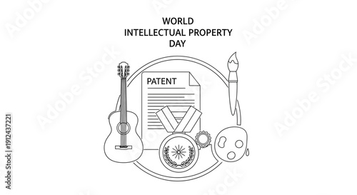 World Intellectual Property Day celebration with creative icons, patent, guitar and awards