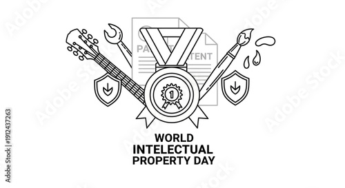 World Intellectual Property Day celebration with icons of creativity and protection