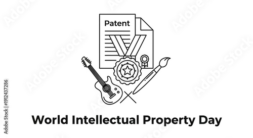 World Intellectual Property Day Concept: Patent, Music Guitar, Art Brush, Award