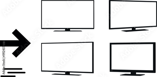 Set of flat monitor screen outlines in front and perspective views for digital display, TV, and device mockups