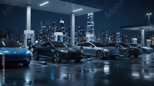 Row of electric cars charging at a modern gas station with a city skyline in the background at night.
