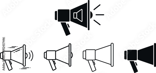 Set of megaphone loudspeaker icons in solid and outline styles showing broadcasting, announcement, and sound projection