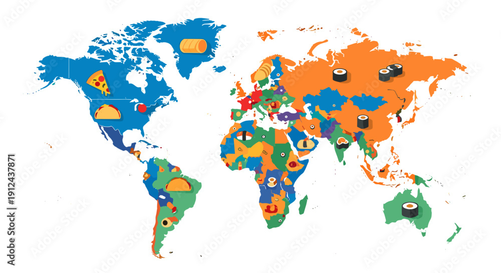 Fototapeta premium Colorful world map depiction highlighting continents and oceans across the globe.