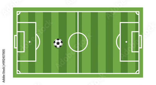 Top-down view of a vibrant football pitch with a ball at the center line ready for kickoff.