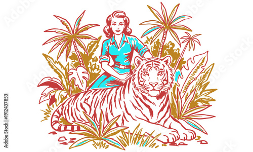 Jungle club. Endless summer artwork. Tropical vintage design. Tiger and pinup woman retro print design for t-shirt, poster, sticker, and other uses.