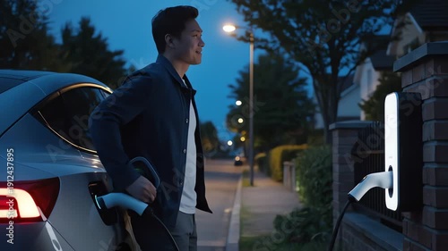 Man in a dark blue jacket charging an electric car at a residential street charging station at dusk with a serene and calm mood.