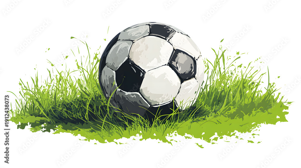 Fototapeta premium Vibrant Hand-Drawn Illustration of a Football Nestled in Lush Green Field Grass on White Background, Symbolizing Sports and Active Play