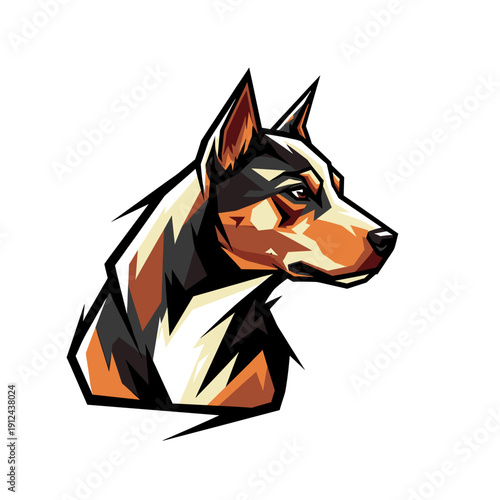 Stylized illustration of a dog's head with sharp lines and bold colors