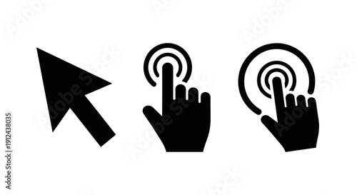 Illustration showing cursor click and multitouch tap interactions on a digital interface.