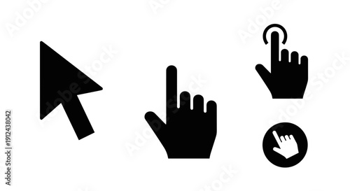 Collection of web navigation icons featuring cursor and finger gesture illustrations for interactive interfaces.
